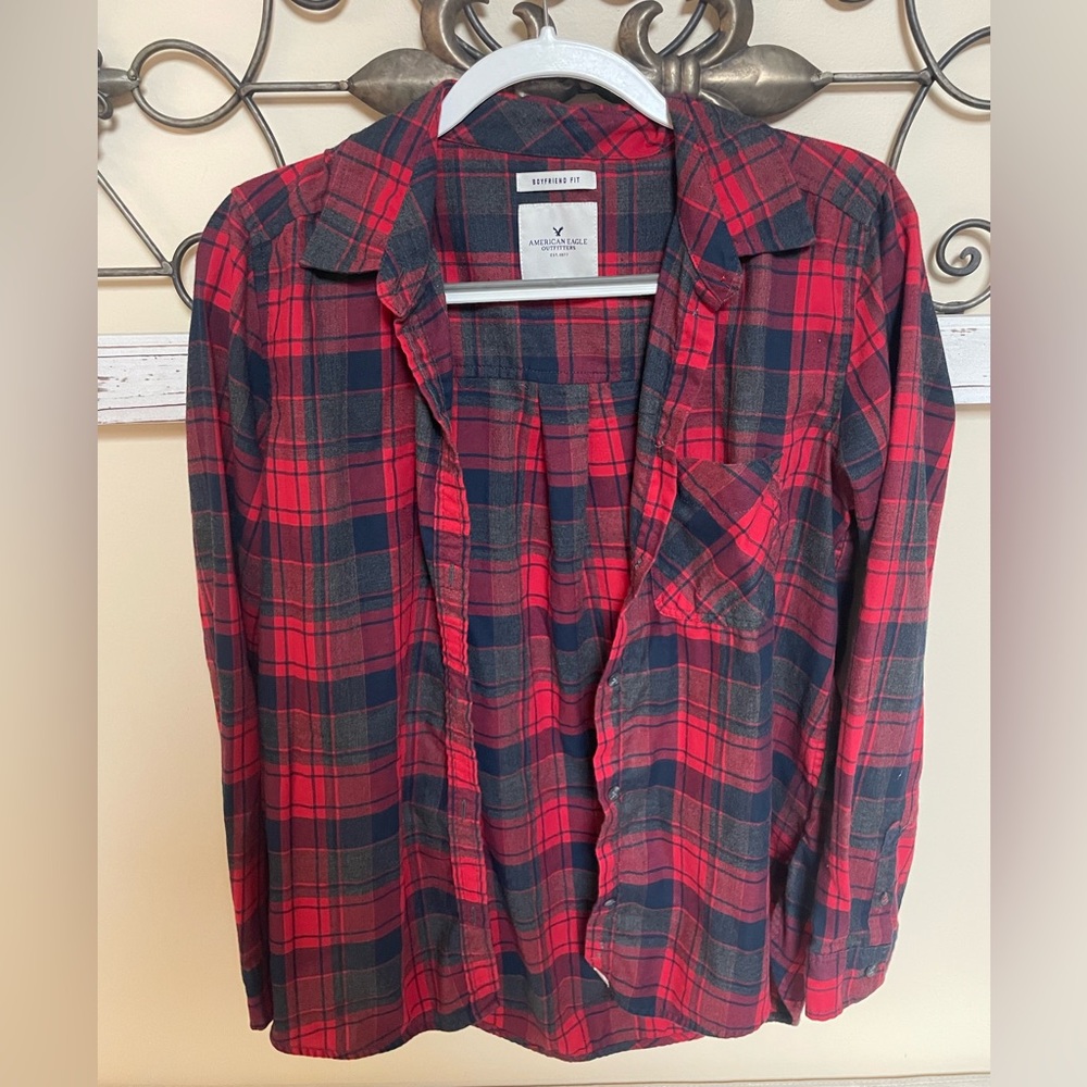 American Eagle Red and Blue Boyfriend Fit Flannel, Size Medium